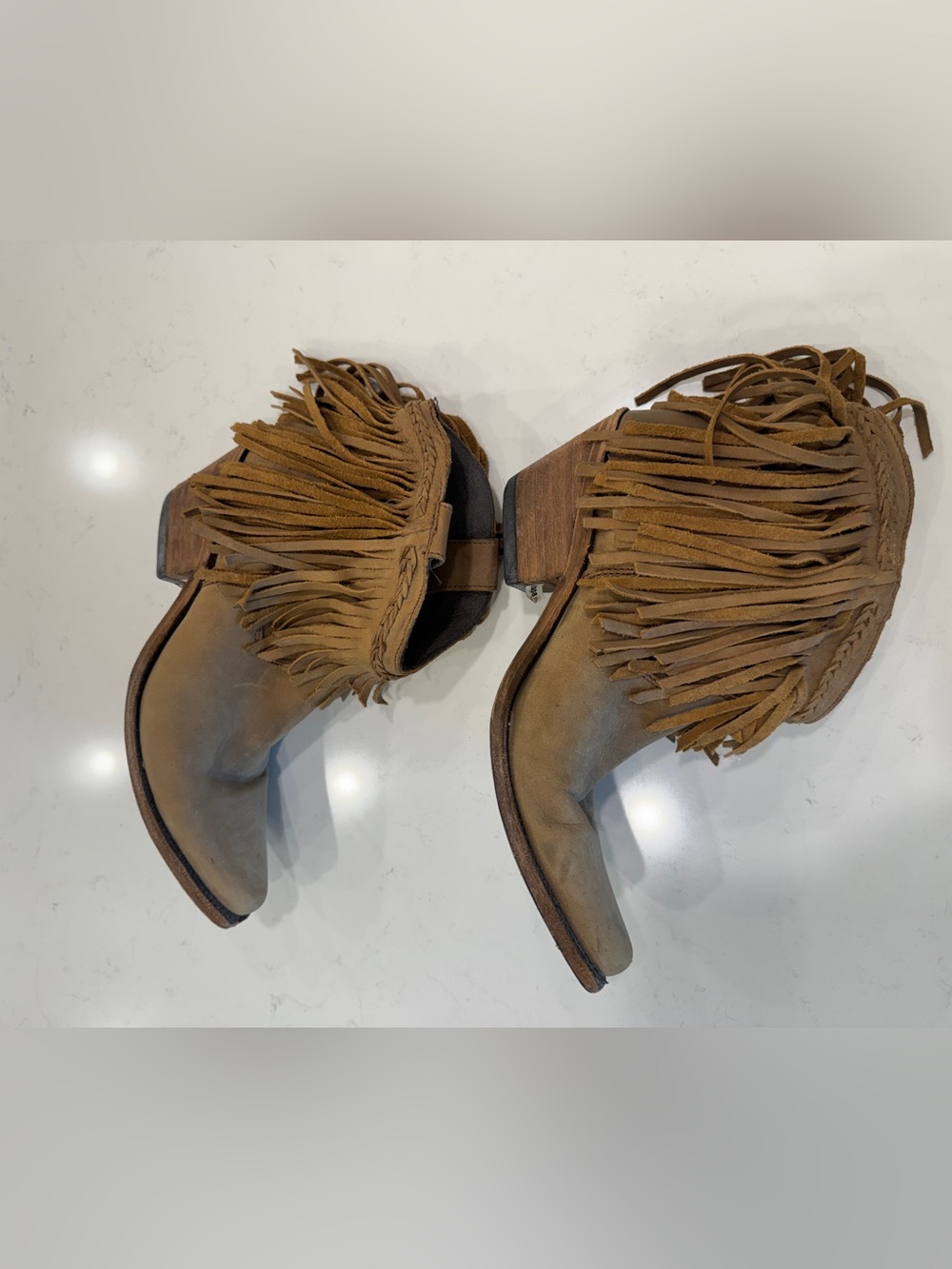 Vintage Tan Suede Fringe Western Cowboy Ankle Boots Boho - Picture 2 of 7